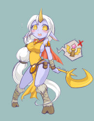 Rule 34 | 1girl, blue skin, blush, colored skin, hooves, horns, league of legends, long hair, open mouth, pointy ears, ponytail, single horn, solo, soraka (league of legends), staff, very long hair, yan531, yellow eyes