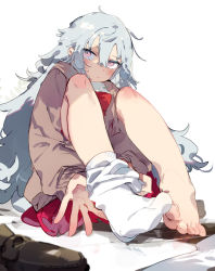 Rule 34 | 1girl, bare shoulders, barefoot, blush, bow, bowtie, brown cardigan, cardigan, closed mouth, feet, full body, grey hair, hair between eyes, karei, knees up, legs, long hair, looking at viewer, no shoes, original, pink eyes, red bow, red bowtie, red skirt, removing sock, school uniform, single sock, sitting, skirt, socks, solo, toes, white background, white socks