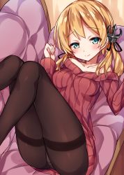 Rule 34 | 10s, 1girl, anchor hair ornament, blonde hair, blue eyes, blush, commentary request, couch, hair ornament, kantai collection, looking at viewer, low twintails, lying, on back, panties, panties under pantyhose, pantyhose, prinz eugen (kancolle), ribbed sweater, smile, solo, sweater, thighband pantyhose, twintails, unacchi (nyusankin), underwear