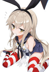 Rule 34 | 1girl, absurdres, anchor hair ornament, black neckerchief, blonde hair, blue sailor collar, blue skirt, blush, breasts, commentary, fathom, food, hair ornament, hairband, highres, kantai collection, long hair, looking at viewer, mouth hold, neckerchief, notice lines, pleated skirt, popsicle, rudder footwear, sailor collar, shimakaze (kancolle), simple background, sitting, skirt, sleeveless, small breasts, solo, striped clothes, striped thighhighs, thighhighs, very long hair, yellow eyes
