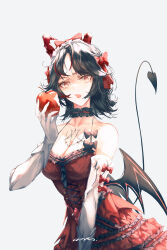 Rule 34 | 1girl, absurdres, anko (renzao19823), apple, black hair, breasts, chest tattoo, cleavage, demon horns, demon tail, demon wings, dress, elbow gloves, food, fruit, gloves, highres, holding, holding food, holding fruit, horns, large breasts, lucia: plume (punishing: gray raven), lucia (punishing: gray raven), maid headdress, medium breasts, medium hair, open mouth, punishing: gray raven, red apple, red dress, red horns, red ribbon, ribbon, single horn, tail, tattoo, teeth, upper teeth only, white gloves, wings