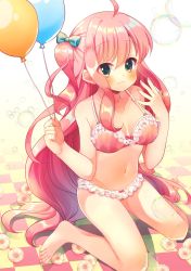 Rule 34 | 1girl, absurdres, ahoge, balloon, bare arms, bare legs, bare shoulders, barefoot, blush, bow, bow bra, bra, breasts, bubble, checkered floor, cleavage, closed mouth, commentary request, fingernails, flower, frilled bra, frilled panties, frills, gradient background, green bow, green eyes, groin, hair between eyes, hair bow, hands up, highres, holding, holding balloon, lace, lace-trimmed bra, lace-trimmed panties, lace trim, long hair, medium breasts, nail polish, navel, one side up, original, panties, pink hair, pink nails, pk (mukasihasakana), red bra, red panties, sidelocks, smile, solo, toenail polish, toenails, underwear, underwear only, very long hair, white background, white flower, yellow background