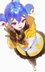 Rule 34 | 1girl, black gloves, black skirt, blue hair, borrowed character, character request, check character, commentary request, extra eyes, frog hair ornament, full body, gloves, hair between eyes, hair ornament, heart, highres, jacket, long sleeves, looking at viewer, open mouth, original, qin (7833198), red eyes, shoes, simple background, skirt, smile, solo, white background, white footwear, yellow jacket