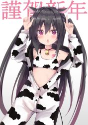 Rule 34 | 1girl, amano kouki, animal costume, animal ears, animal print, arms up, text background, bare shoulders, bell, black hair, bra, child, choker, collarbone, commentary request, cow costume, cow ears, cow horns, cow print, flat chest, gradient background, gradient hair, grey background, hair between eyes, highres, hood, hood down, horns, horns pose, kemonomimi mode, long hair, looking at viewer, multicolored hair, neck bell, note-chan, open mouth, original, print bra, purple eyes, red choker, solo, translation request, two side up, underwear, v-shaped eyebrows, very long hair, white background, white bra