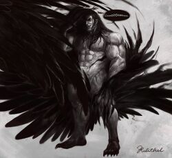 Rule 34 | artist name, black feathers, black hair, claws, colored extremities, commentary, corvus corax (warhammer), english commentary, english text, feathers, long hair, looking at viewer, monster, muscular, muscular male, open mouth, primarch, raven guard, relithel, simple background, standing, veins, veiny arms, warhammer 40k, white background