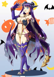 Rule 34 | absurdres, blue eyes, blunt bangs, boots, breasts, center opening, cleavage, dragon horns, dragon tail, earrings, elbow gloves, fang, fate/grand order, fate (series), full body, gloves, halloween, halloween costume, highres, horns, jewelry, large breasts, martha (fate), purple hair, rofu get, straight hair, tail, tarasque (fate), thigh boots