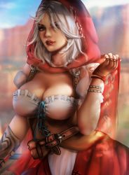 Rule 34 | 1girl, absurdres, ashe (overwatch), belt, belt buckle, blue sky, blurry, blurry background, bodice, breasts, buckle, canyon, capelet, cleavage, clenched hand, cloak, commentary, corset, cross-laced clothes, day, english commentary, eyelashes, eyeliner, eyes visible through hair, eyeshadow, gloves, green eyes, highres, hood, hood up, hooded capelet, hooded cloak, large breasts, leather, leather gloves, lipstick, little red ashe, looking at viewer, lumi ja, makeup, medium hair, messy hair, mole, mole above mouth, nose, official alternate costume, outdoors, overwatch, overwatch 1, parted lips, realistic, red capelet, red cloak, red hood, red lips, scar, scar across eye, scar on face, short sleeves, shoulder pads, silver hair, sky, smile, solo, upper body, wavy hair