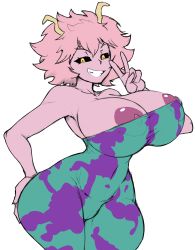 Rule 34 | 1girl, alternate breast size, areola slip, armpits, ashido mina, ass grab, boku no hero academia, breasts, bursting breasts, colored skin, curvy, grabbing own ass, highres, large breasts, looking at viewer, nipple slip, nipples, no bra, pink hair, pink skin, smile, solo, thecon, v, wide hips