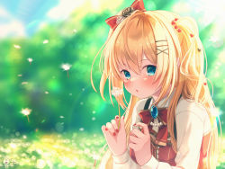 Rule 34 | 1girl, akai haato, akai haato (gothic lolita), blonde hair, blue eyes, blurry, blurry background, blush, bow, commentary request, dandelion, dress, flower, hair between eyes, hair bow, hair ornament, hairclip, hands up, heart, heart hair ornament, highres, holding, holding flower, hololive, long hair, long sleeves, looking at viewer, magowasabi, nail polish, outdoors, parted lips, red bow, red dress, red nails, shirt, signature, solo, twitter username, two side up, upper body, virtual youtuber, white shirt, x hair ornament
