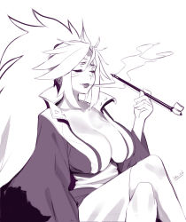 Rule 34 | 1girl, amputee, arc system works, artist name, baiken, breasts, cleavage, crossed legs, closed eyes, facial mark, guilty gear, highres, japanese clothes, kimono, large breasts, monochrome, one-eyed, smoking pipe, ponytail, sho-n-d, simple background, smoke, smoking, solo, white background