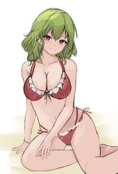 Rule 34 | 1girl, bikini, breasts, cleavage, closed mouth, green hair, highres, kazami yuuka, large breasts, looking at viewer, navel, orchid (orukido), red bikini, red eyes, short hair, sitting, smile, solo, swimsuit, touhou