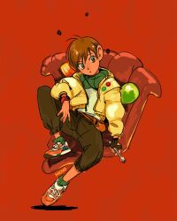 Rule 34 | 1boy, belt pouch, brown eyes, brown hair, brown pants, chilchuck tims, dungeon meshi, fingerless gloves, fork, gem, gloves, green socks, halfling, highres, holding, holding fork, jacket, katy ho, neck warmer, pants, pouch, red background, shirt, shoes, single fingerless glove, sitting, sneakers, socks, watch, white shirt, wristwatch, yellow jacket