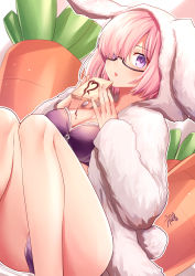 Rule 34 | 1girl, alternate costume, animal ears, black-framed eyewear, bra, bread, breasts, cleavage, commentary request, fake animal ears, fake tail, fate/grand order, fate (series), food, gogatsu fukuin, hair over one eye, highres, holding, holding food, hood, hood up, hooded jacket, jacket, knees up, large breasts, long sleeves, looking at viewer, mash kyrielight, open clothes, open jacket, panties, parted lips, pink hair, purple bra, purple eyes, purple panties, rabbit ears, rabbit tail, semi-rimless eyewear, signature, sitting, sleeves past wrists, solo, stuffed carrot, stuffed toy, tail, under-rim eyewear, underwear, white jacket