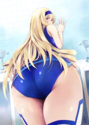Rule 34 | 1girl, against wall, artist name, ass, bathroom, blonde hair, blue eyes, bow, breasts, cecilia alcott, come hither, drill hair, from behind, hair bow, hairband, half-closed eyes, highres, huge ass, infinite stratos, large breasts, legs, leotard, long hair, looking at viewer, pussy juice, seductive gaze, sideboob, solo, sweat, thick thighs, thighs, very long hair