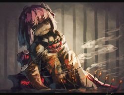 Rule 34 | 1girl, button eyes, buttons, character doll, doll, flower, hair flower, hair ornament, hieda no akyuu, incense, koto inari, letterboxed, purple hair, short hair, smoke, touhou, writing
