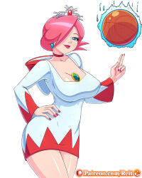 Rule 34 | 1girl, artist logo, artist name, asymmetrical hair, ball, basketball (object), blue gemstone, breasts, brooch, choker, cleavage, closed mouth, collarbone, dress, earrings, energy, eyelashes, final fantasy, floating, gem, green eyes, hair over one eye, hand on own hip, hand up, head tilt, highres, hood, hood down, hooded dress, impossible clothes, impossible dress, jewelry, large breasts, levitation, lips, lipstick, long sleeves, magic, makeup, mario (series), mario basketball 3on3, nail polish, nintendo, nose, nostrils, patreon logo, patreon username, pink hair, pink lips, pink nails, red choker, red dress, reit, shiny skin, short dress, short hair, simple background, smile, solo, thick lips, tiara, tight clothes, two-tone dress, watermark, web address, white background, white dress, white mage (final fantasy), wide sleeves