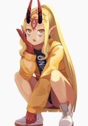 Rule 34 | 1girl, absurdres, bare legs, black panties, blonde hair, clothes writing, colored skin, commentary request, earrings, facial mark, fang, fate/grand order, fate (series), fingernails, forehead tattoo, full body, hand on own cheek, hand on own face, highres, ibaraki douji (fate), jacket, jewelry, long fingernails, long hair, long sleeves, mutsuki albino, no pants, open clothes, open jacket, open mouth, panties, pointy ears, ponytail, red skin, shoes, sidelocks, simple background, sneakers, solo, squatting, underwear, very long hair, white background, white footwear, yellow eyes, yellow jacket