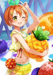 Rule 34 | 1girl, absurdres, arm up, bikini, blush, commentary request, cowboy shot, frilled skirt, frills, green eyes, hair ornament, hairclip, highres, holding, hoshizora rin, inflatable toy, looking at viewer, love live!, love live! school idol project, one eye closed, open mouth, orange hair, short hair, skirt, smile, solo, swimsuit, v, yellow skirt, yoshinon (yoshinon kotori)