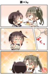 Rule 34 | 2girls, 3koma, :d, ^ ^, absurdres, artist name, blush, brown eyes, brown hair, closed eyes, comic, commentary request, eating, closed eyes, food, green eyes, green hair, hair between eyes, highres, holding, holding spoon, japanese clothes, kaga (kancolle), kantai collection, multiple girls, open mouth, pudding, short hair, side ponytail, smile, sparkle, spoon, taisa (kari), tasuki, translation request, twintails, utensil in mouth, zuikaku (kancolle), zuikaku kai ni (kancolle)