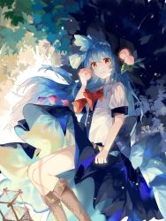 Rule 34 | 1girl, bare legs, blue hair, blue skirt, boots, bow, brown footwear, dress shirt, food, from below, fruit, hand up, hat, highres, hinanawi tenshi, lantern, leaf, ling mou, long hair, looking at viewer, neck ribbon, peach, puffy short sleeves, puffy sleeves, rainbow order, red bow, red eyes, ribbon, shirt, short sleeves, skirt, touhou, white shirt