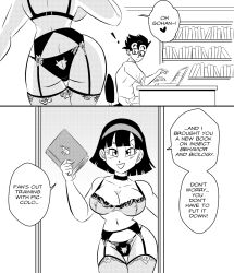 Rule 34 | !, 1boy, 1girl, ass, book, bookshelf, bra, breasts, chair, cleavage, comic, commentary, computer, dragon ball, dragon ball super, english commentary, english text, funsexydb, garter belt, garter straps, glasses, greyscale, hairband, half-closed eyes, highres, holding, holding book, husband and wife, laptop, large breasts, lingerie, monochrome, navel, office chair, open mouth, panties, sitting, smile, son gohan, swivel chair, thighhighs, underwear, videl