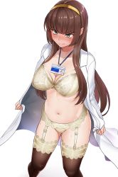 Rule 34 | 1girl, blush, bra, breasts, brown hair, brown thighhighs, cleavage, closed mouth, commentary request, garter belt, green eyes, hairband, lab coat, large breasts, long hair, long sleeves, mazinger (series), mazinger z, mazinger z: infinity, navel, panties, shirofugu, solo, sweat, thighhighs, underwear, yellow bra, yellow hairband, yellow panties, yumi sayaka