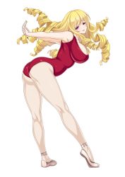 Rule 34 | 1girl, ariel foch, ass, ballet slippers, blonde hair, breasts, cle masahiro, drill hair, eyebrows, floating hair, full body, highres, huge breasts, leotard, long hair, official art, own hands together, purple eyes, simple background, solo, stretching, valkyrie drive, valkyrie drive -siren-, white background