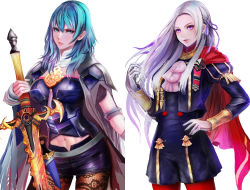 Rule 34 | 2girls, absurdres, aqua hair, black jacket, black shorts, blue eyes, breasts, brown legwear, byleth (female) (fire emblem), byleth (fire emblem), cape, commentary request, cowboy shot, edelgard von hresvelg, fire emblem, fire emblem: three houses, forehead, garreg mach monastery uniform, gloves, hair ribbon, hand up, highres, holding, holding sword, holding weapon, jack (kairuhaido), jacket, long hair, long sleeves, looking at viewer, medium breasts, multiple girls, navel, nintendo, pantyhose, parted lips, partial commentary, purple ribbon, red cape, red legwear, ribbon, short shorts, shorts, standing, sword, sword of the creator, weapon, white gloves