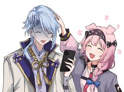 Rule 34 | 1boy, 1girl, arknights, bandana, blue hair, closed eyes, feint721, flower, formal, genshin impact, goldenglow (arknights), headpat, highres, kamisato ayato, light blue hair, mole, mole under mouth, no gloves, non-web source, open mouth, pink hair, ribbon, smile, suit, tears, white background, white suit