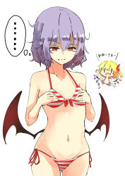 Rule 34 | ..., 2girls, :d, :|, arm up, bare arms, bare shoulders, bat wings, bikini, blonde hair, bouncing breasts, breast conscious, breasts, closed mouth, commentary request, cowboy shot, cropped torso, deetamu, fang, fang out, flandre scarlet, front-tie bikini top, front-tie top, gluteal fold, groin, hair between eyes, hair ribbon, hands on own chest, highres, multiple girls, navel, no headwear, one side up, open mouth, purple hair, red bikini, red eyes, red ribbon, remilia scarlet, ribbon, short hair, siblings, side-tie bikini bottom, simple background, sisters, small breasts, smile, standing, stomach, striped bikini, striped clothes, swimsuit, thought bubble, touhou, translation request, upper body, white background, wings, | |