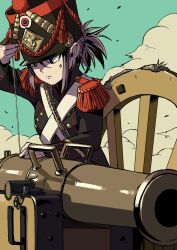 Rule 34 | 1girl, antique cannon, antique firearm, black jacket, blue eyes, blue sky, buttons, cannon, chain, cloud, commentary request, double-breasted, epaulettes, firearm, france, french army, grey hair, gun, hair between eyes, hat, highres, jacket, looking at object, machinery, military hat, military uniform, original, ponytail, reloading, roundel, shako cap, shine, sidelocks, sky, soldier, solo, uniform, upper body, weapon, wheel, zeinikunosekai
