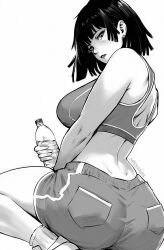 Rule 34 | 1girl, artist name, ass, bottle, breasts, crop top, earrings, fubuki (one-punch man), greyscale, holding, holding bottle, jewelry, large breasts, midriff, miss faves, monochrome, one-punch man, shoes, short hair, shorts, simple background, sneakers, solo, water bottle, white background