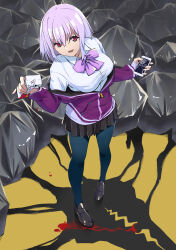 Rule 34 | 1girl, black footwear, black skirt, blue pantyhose, bow, bowtie, breasts, broken screen, cellphone, collared shirt, from above, gridman universe, highres, holding, holding phone, jacket, large breasts, light purple hair, loafers, looking at viewer, maharu66, off shoulder, pantyhose, phone, purple bow, purple bowtie, purple jacket, red eyes, shinjou akane, shirt, shoes, short hair, skirt, smartphone, solo, ssss.gridman, white shirt