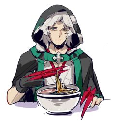 Rule 34 | 1boy, arc system works, black gloves, bowl, claw (weapon), closed mouth, fingerless gloves, fingernails, food, gloves, green eyes, grey hair, guilty gear, guilty gear xrd, heterochromia, hood, hood up, male focus, mundane utility, noodles, ramen, raven (guilty gear), simple background, solo, table, uncle rabbit ii, weapon, white background, yellow eyes