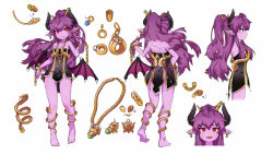 Rule 34 | 1girl, ahoge, anklet, barefoot, bracelet, character sheet, colored skin, demon girl, demon horns, demon wings, earrings, fang, fang out, female focus, from behind, from side, highres, horns, jewelry, long hair, looking at viewer, low wings, ming (mg), multiple views, one side up, open mouth, original, pendant, pointy ears, profile, purple hair, purple skin, simple background, skirt, smile, white background, wings