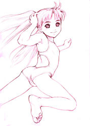 Rule 34 | 1girl, adjusting hair, arched back, armpits, ass, barefoot, competition swimsuit, feet, flat chest, jumping, long hair, mankochan, minazuki juuzou, monochrome, one-piece swimsuit, original, ponytail, scan, simple background, sketch, smile, soles, solo, swimsuit, toes, trefoil, twintails