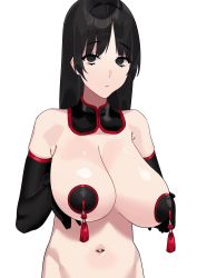 Rule 34 | 1girl, absurdres, bare shoulders, black hair, black pasties, breast hold, breasts, commentary request, detached collar, elbow gloves, fffukuzawa, frown, gloves, highres, large breasts, long hair, looking at viewer, navel, original, pasties, simple background, solo, tassel, upper body, white background
