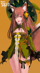 Rule 34 | 1girl, animal ears, black gloves, bow, breasts, brown hair, cat ears, cleavage, dress, eye reflection, flower, gloves, hair flower, hair ornament, hat, hat ornament, highres, hyulla, jewelry, long hair, looking at viewer, makeup, multicolored hair, open mouth, reflection, simple background, small breasts, solo, thick thighs, thighs, thong, witch hat