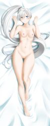 Rule 34 | 1girl, absurdres, barefoot, bed sheet, blue eyes, blush, breasts, cleft of venus, closed mouth, collarbone, completely nude, dakimakura (medium), from above, full body, gluteal fold, hair between eyes, highres, incredibly absurdres, kimmy77, long hair, looking at viewer, lying, navel, nipples, nude, on back, pussy, rwby, silver hair, small breasts, solo, thigh gap, uncensored, very long hair, weiss schnee