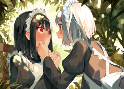 Rule 34 | 2girls, apron, black dress, black hair, blush, commentary request, dress, fingernails, flustered, hair ornament, hand on another&#039;s face, juliet sleeves, long sleeves, looking at another, maid, maid apron, maid headdress, medium hair, multiple girls, open mouth, original, outdoors, own hands together, plant, puffy sleeves, red eyes, sen (sennosenn1127), white apron, white hair, yuri
