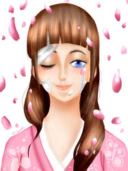 Rule 34 | 1girl, absurdres, artist name, bandaid, bandaid on face, blue eyes, blunt bangs, brown hair, character name, closed mouth, cosette (one piece), crying, crying with eyes open, freckles, highres, long hair, looking at viewer, one eye closed, one piece, petals, sad, samanta95, smile, solo, tears, upper body