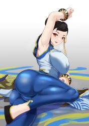 Rule 34 | 1girl, absurdres, blue pants, breasts, brown eyes, brown hair, capcom, china dress, chinese clothes, chun-li, double bun, dress, hair bun, highres, large breasts, long hair, looking at viewer, pants, smile, solo, street fighter, street fighter 6, swept bangs, thighs, tight clothes, tight pants, torahime (roland00)