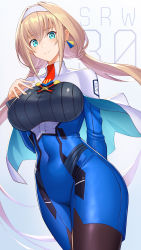 Rule 34 | 1girl, arm behind back, blonde hair, blue eyes, blush, bodysuit, breasts, capelet, closed mouth, commentary request, covered navel, dress, earrings, hairband, hand up, highres, jewelry, long sleeves, looking at viewer, low twintails, medium breasts, mitsuba greyvalley, pantyhose, shiny clothes, short dress, simple background, smile, solo, super robot wars, super robot wars 30, takamine nadare, turtleneck, twintails, uniform