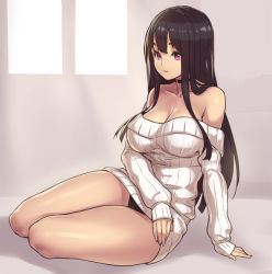 Rule 34 | 1girl, arm support, bare shoulders, black hair, breasts, choker, cleavage, curvy, houtengeki, long hair, off shoulder, original, pink eyes, ribbed sweater, sitting, solo, sweater, thick thighs, thighs