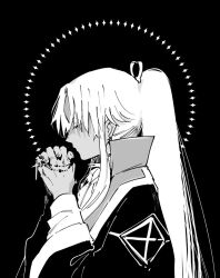 Rule 34 | 1boy, amakusa shirou (fate), black background, closed eyes, cross, cross necklace, fate/apocrypha, fate/grand order, fate (series), from side, greyscale, halo, halo behind head, hands up, holding, holding jewelry, holding necklace, jewelry, long hair, long sleeves, male focus, monochrome, necklace, nobicco, own hands clasped, own hands together, parted bangs, ponytail, profile, sidelocks, simple background, solo, upper body