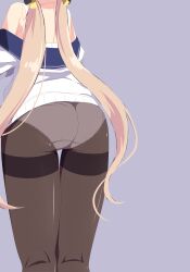 Rule 34 | 1girl, absurdres, ass, black pantyhose, blue archive, blue sailor collar, commentary, crotch seam, facing away, from behind, grey background, hair ribbon, hifumi (blue archive), highres, kneepits, kuu nekoneko, long hair, low twintails, no pants, off shoulder, panties, panties under pantyhose, pantyhose, ribbon, sailor collar, sailor shirt, shirt, simple background, solo, standing, thigh gap, thighband pantyhose, twintails, underwear, undressing, very long hair, white shirt