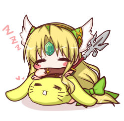 Rule 34 | 1girl, = =, blonde hair, blush stickers, bow, bridal gauntlets, chibi, closed eyes, commentary request, facing viewer, forehead jewel, full body, green bow, green hairband, hair bow, hairband, holding, holding polearm, holding spear, holding weapon, komakoma (magicaltale), long hair, parted bangs, polearm, riesz, seiken densetsu, seiken densetsu 3, shadow, sleeping, spear, very long hair, weapon, white background, zzz