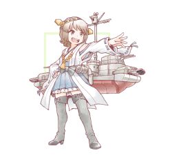 Rule 34 | 1girl, ahoge, blue skirt, boots, brown eyes, brown hair, commentary request, cosplay, detached sleeves, double bun, full body, hair bun, hairband, hakama, hakama short skirt, hakama skirt, headgear, japanese clothes, kantai collection, kongou (kancolle), kongou (kancolle) (cosplay), machinery, miyuki (kancolle), open mouth, ribbon-trimmed sleeves, ribbon trim, short hair, simple background, skirt, solo, standing, teeth, thigh boots, upper teeth only, white background, yagi mutsuki