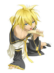 Rule 34 | 1boy, arm support, banana, bare shoulders, blonde hair, blue eyes, deyezi, food, fruit, highres, holding, holding food, holding fruit, kagamine len, licking, male focus, nail polish, naughty face, necktie, ponytail, sexually suggestive, short hair, shorts, simple background, solo, tongue, undressing, vocaloid, yellow nails, yellow necktie