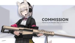 Rule 34 | 1girl, anti-materiel rifle, armband, barrett m82, bipod, black jacket, black skirt, brown eyes, closed mouth, collared shirt, commentary request, commission, dress shirt, ear protection, glasses, grey hair, gun, hair between eyes, headset, highres, holding, holding gun, holding weapon, jacket, long sleeves, open clothes, open jacket, original, plaid, plaid skirt, pleated skirt, rifle, round eyewear, scope, shiroyama soh, shirt, skirt, smile, sniper rifle, solo, translation request, weapon, white shirt